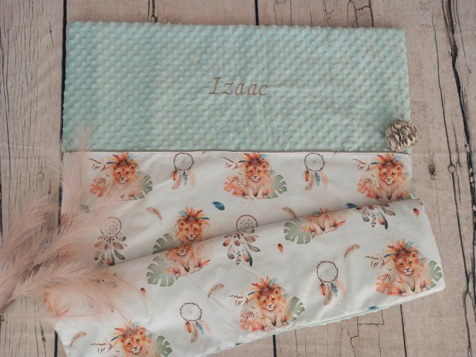 Couverture personnalisée bébé lion boho / minky vert