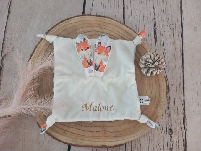 Doudou lapin renards eucalyptus / minky vert / prénom doré