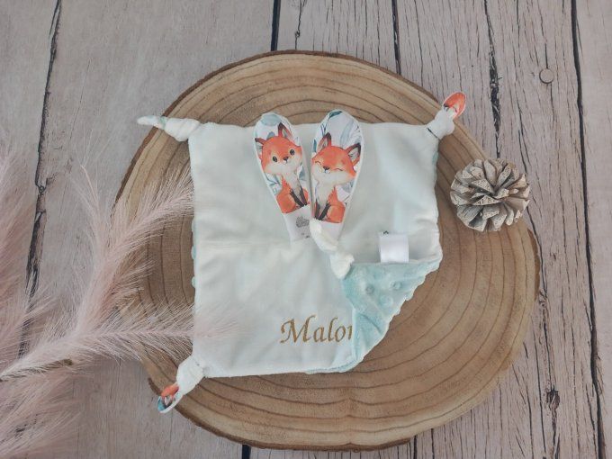 Doudou lapin renards eucalyptus / minky vert / prénom doré