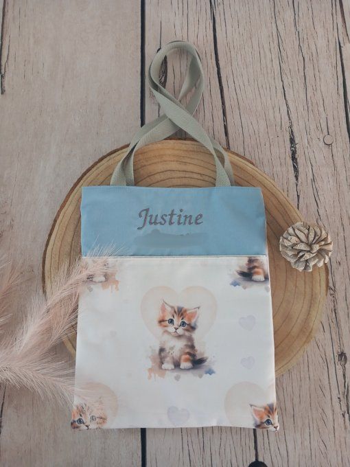 Tote bag enfant chat / uni bleu clair