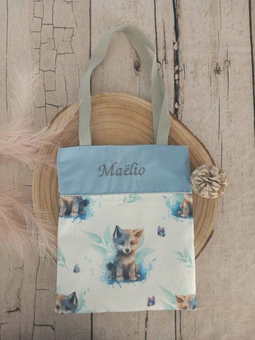 Tote bag enfant loup / uni bleu clair