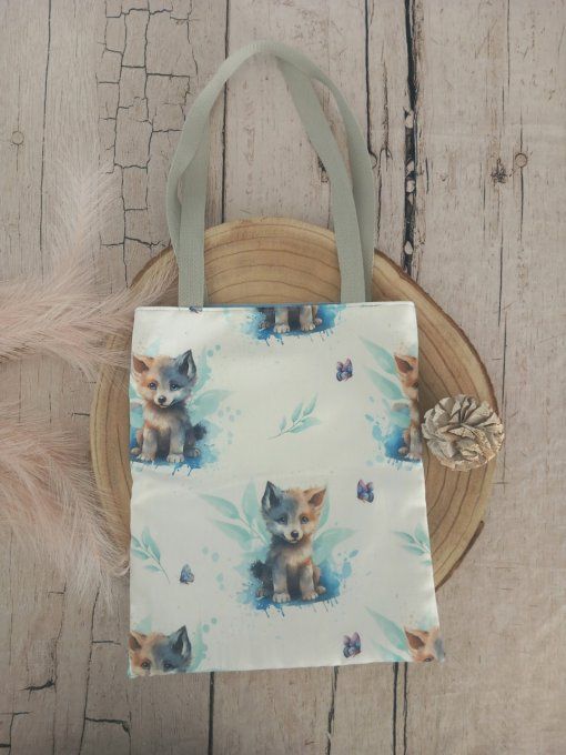 Tote bag enfant loup / uni bleu clair