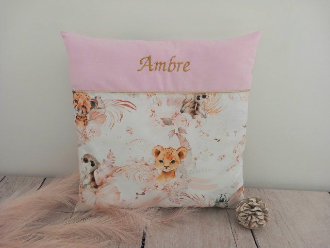 Coussin avec housse personnalisée 40 x 40 cm animaux beiges / uni rose clair