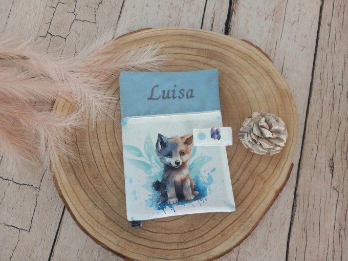 Protège carnet de santé loup / uni bleu clair