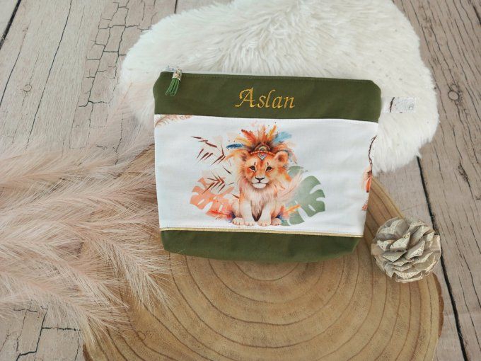 Trousse de toilette lion boho / uni kaki