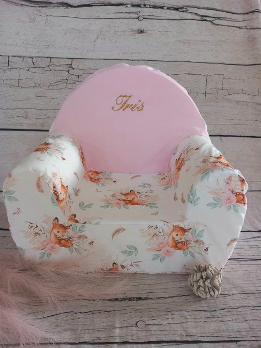 Fauteuil club enfant biche boho / uni rose clair
