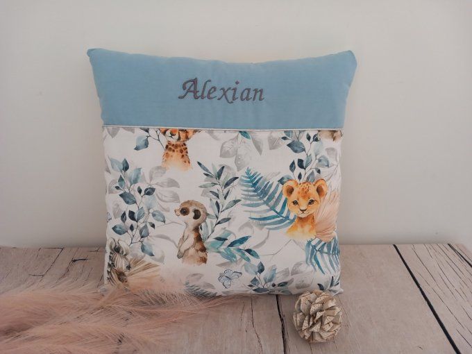 Coussin avec housse personnalisée 40 x 40 cm animaux bleus / uni bleu clair