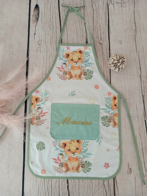 Tablier enfant lion fleur / uni vert clair