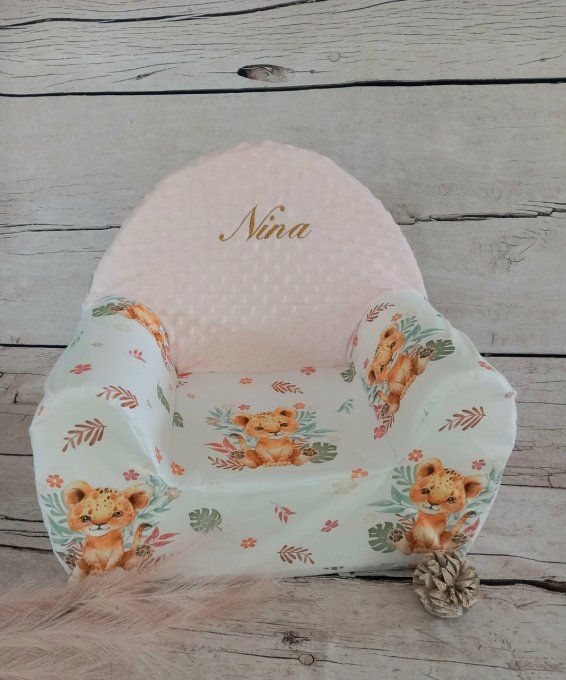 Fauteuil club enfant lion fleur / tissu minky rose clair