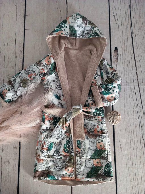 Peignoir savane verte / micro-éponge bambou taupe