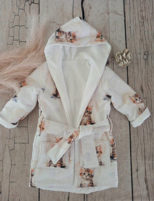 Peignoir chat / micro-éponge bambou blanche