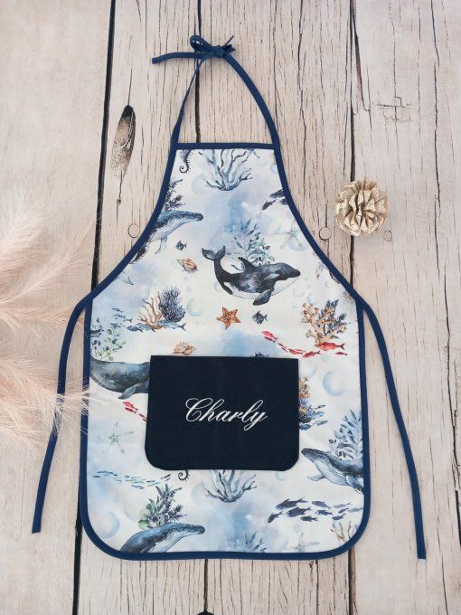 Tablier enfant baleines / uni bleu marine