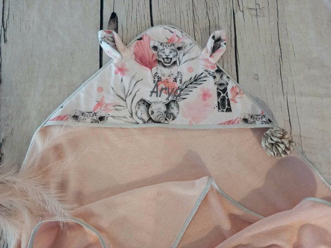 Cape de bain savane rose/ micro-éponge bambou rose