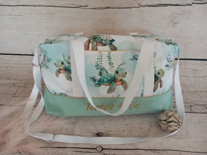 Sac à langer tortue / tissu uni vert clair