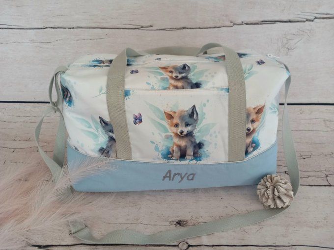 Sac à langer loup / tissu uni bleu clair