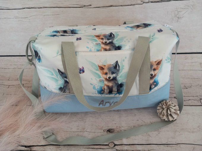 Sac à langer loup / tissu uni bleu clair