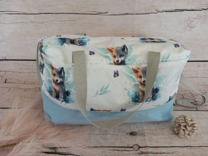 Sac à langer loup / tissu uni bleu clair