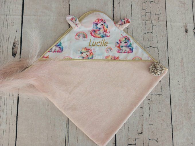 Cape de bain licorne / micro-éponge bambou rose / liseré doré