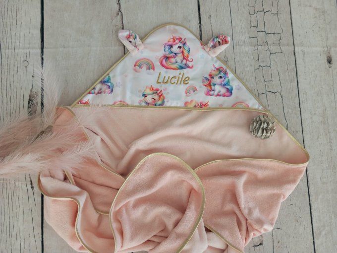 Cape de bain licorne / micro-éponge bambou rose / liseré doré