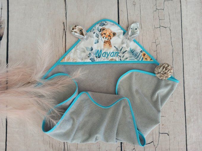Cape de bain animaux bleus/micro-éponge bambou grise/turquoise