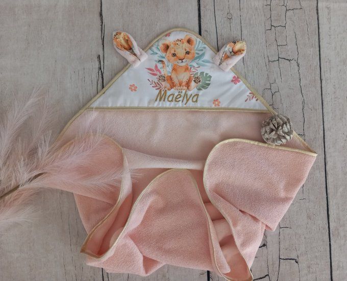 Cape de bain lion fleur / micro-éponge bambou rose