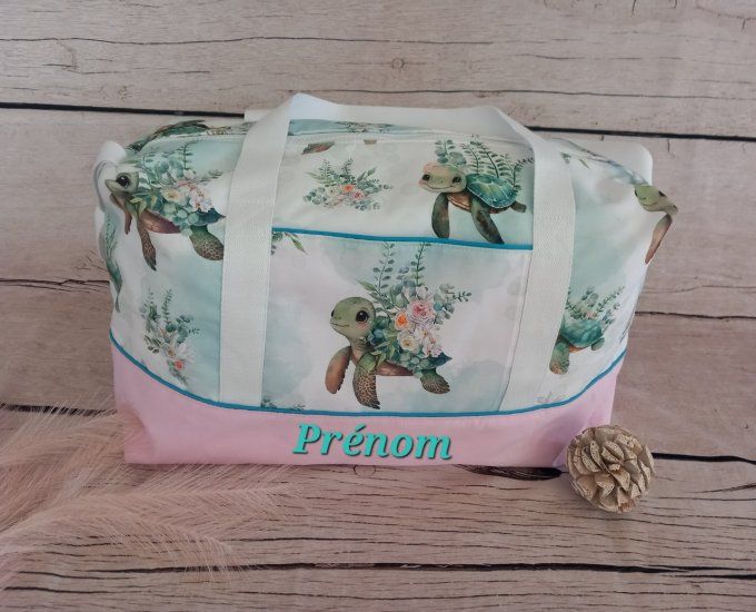 Sac à langer tortue / tissu uni rose clair