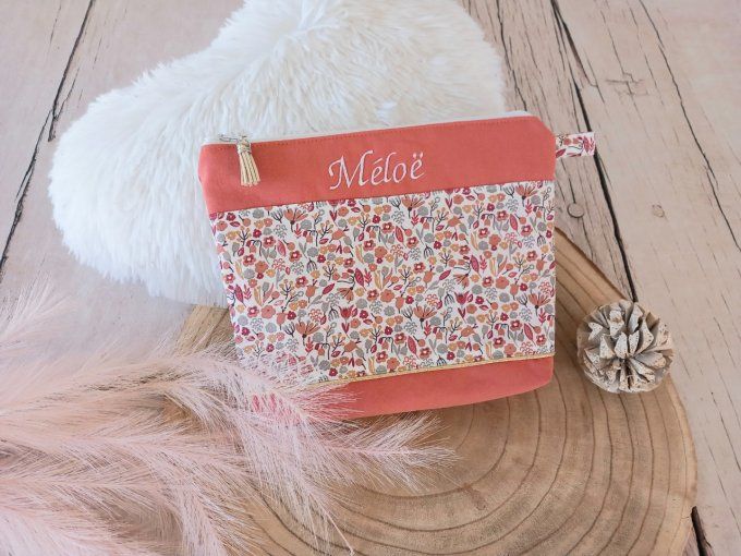 Trousse de toilette fleurette / tissu coton uni marsala