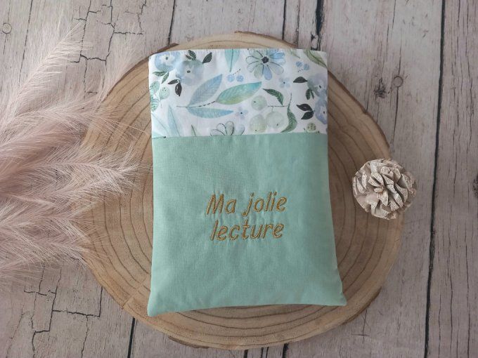 Pochette à livres fleurs bleues / uni vert clair
