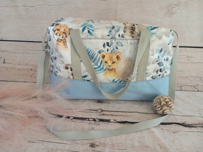 Sac à langer animaux bleus / tissu uni bleu clair