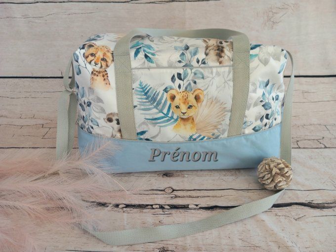 Sac à langer animaux bleus / tissu uni bleu clair