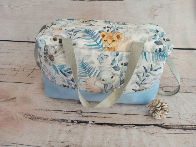 Sac à langer animaux bleus / tissu uni bleu clair