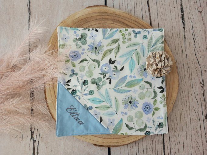 Serviette de table 30 x 30 cm fleurs bleues / uni bleu clair
