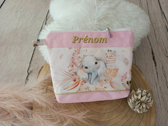 Trousse de toilette animaux beiges (éléphant) / uni rose clair