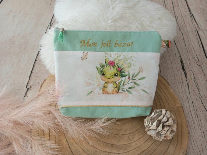 Trousse de toilette dragons / uni vert clair