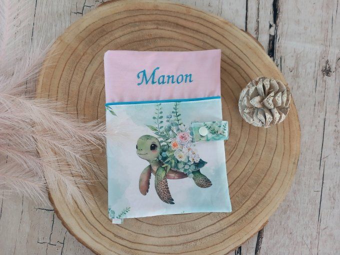 Protège carnet de santé tortue / uni rose
