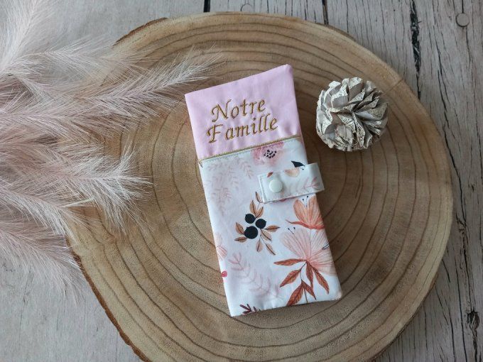 Protège livret de famille fleurs sauvages / uni rose clair