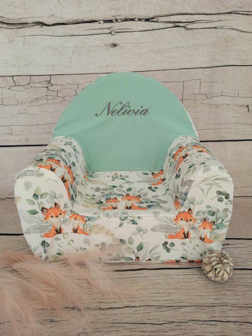 Fauteuil club enfant renards eucalyptus / uni vert clair / prénom gris
