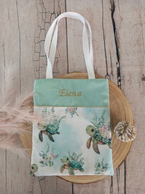 Tote bag enfant tortues / uni vert clair