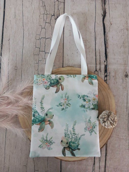 Tote bag enfant tortues / uni vert clair