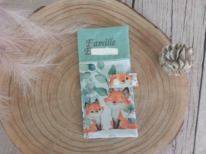 Protège livret de famille renards eucalyptus / uni vert clair / prénom gris