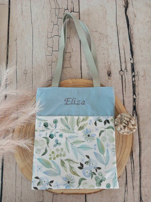 Tote bag enfant fleurs bleues / uni bleu clair