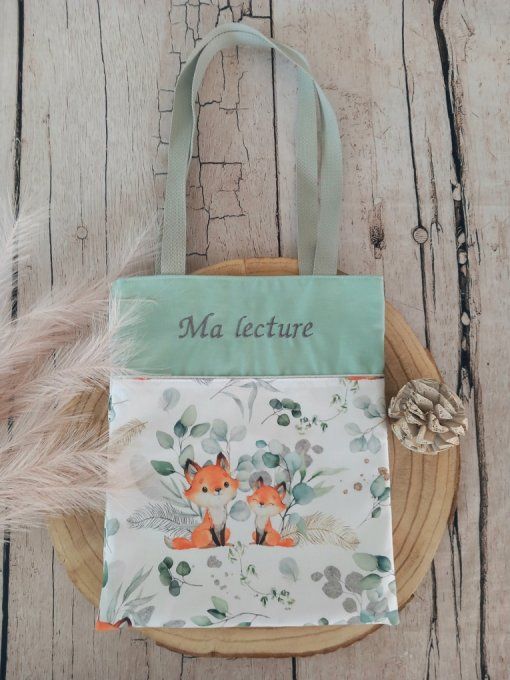 Tote bag enfant renards eucalyptus / uni vert clair / prénom gris