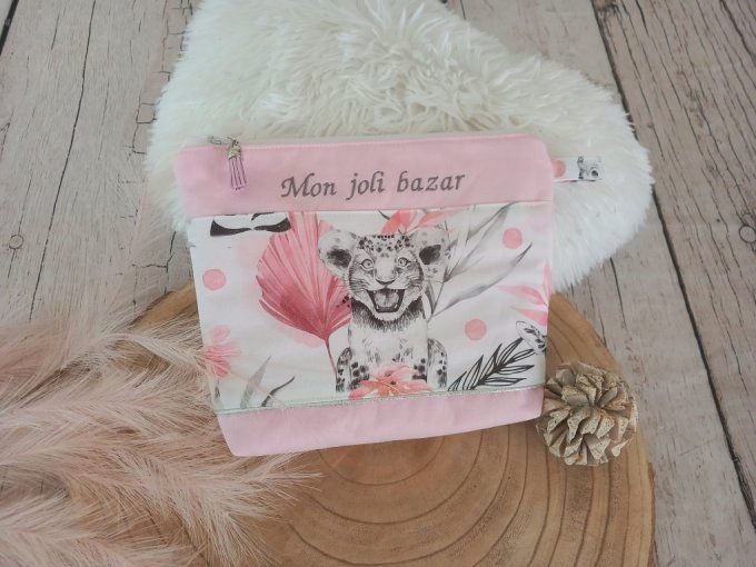 Trousse de toilette savane rose / uni rose clair