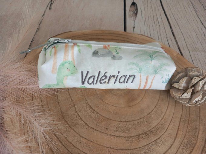 Trousse d'école dino vert / tissu uni vert clair