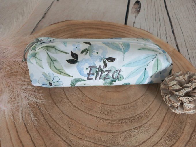 Trousse d'école fleurs bleues / uni bleu clair