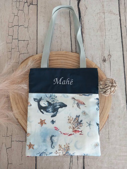 Tote bag enfant baleines /uni bleu marine