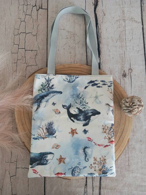 Tote bag enfant baleines /uni bleu marine