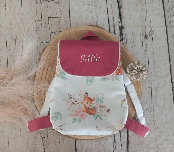 Sac à dos enfant biche boho / rabat uni framboise