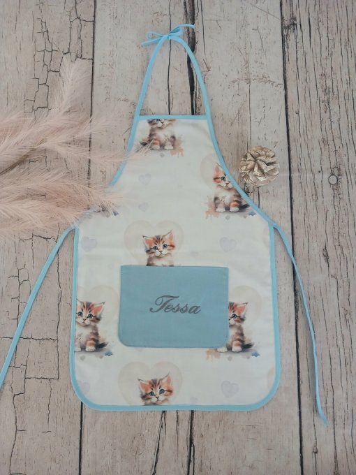 Tablier enfant chat / uni bleu clair
