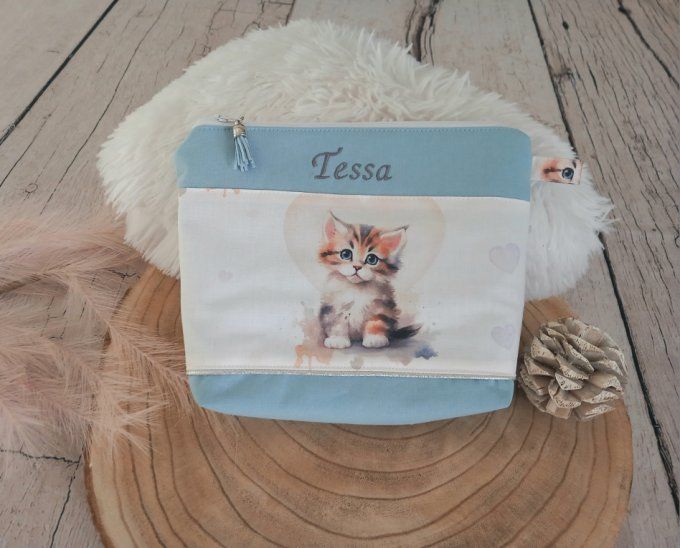 Trousse de toilette chat / uni bleu clair